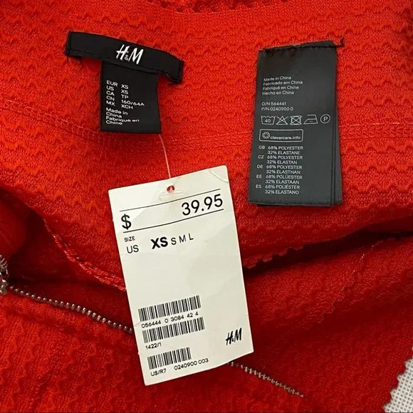 H & M NWT Red Textured Bandage Elastic Waist Flared Skirt w/back Zipper - Picture 5 of 12